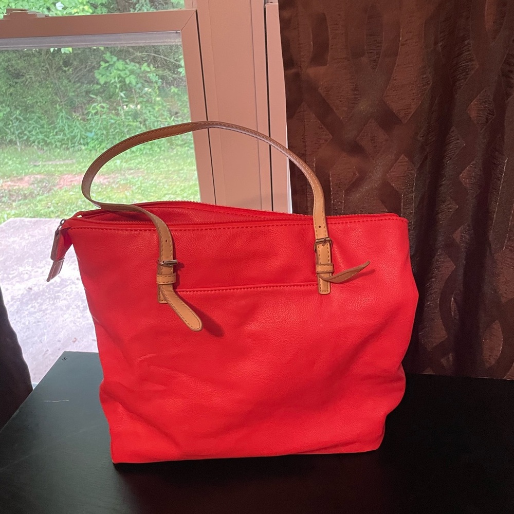 Women's Coral Tote Bag with Tan Straps
